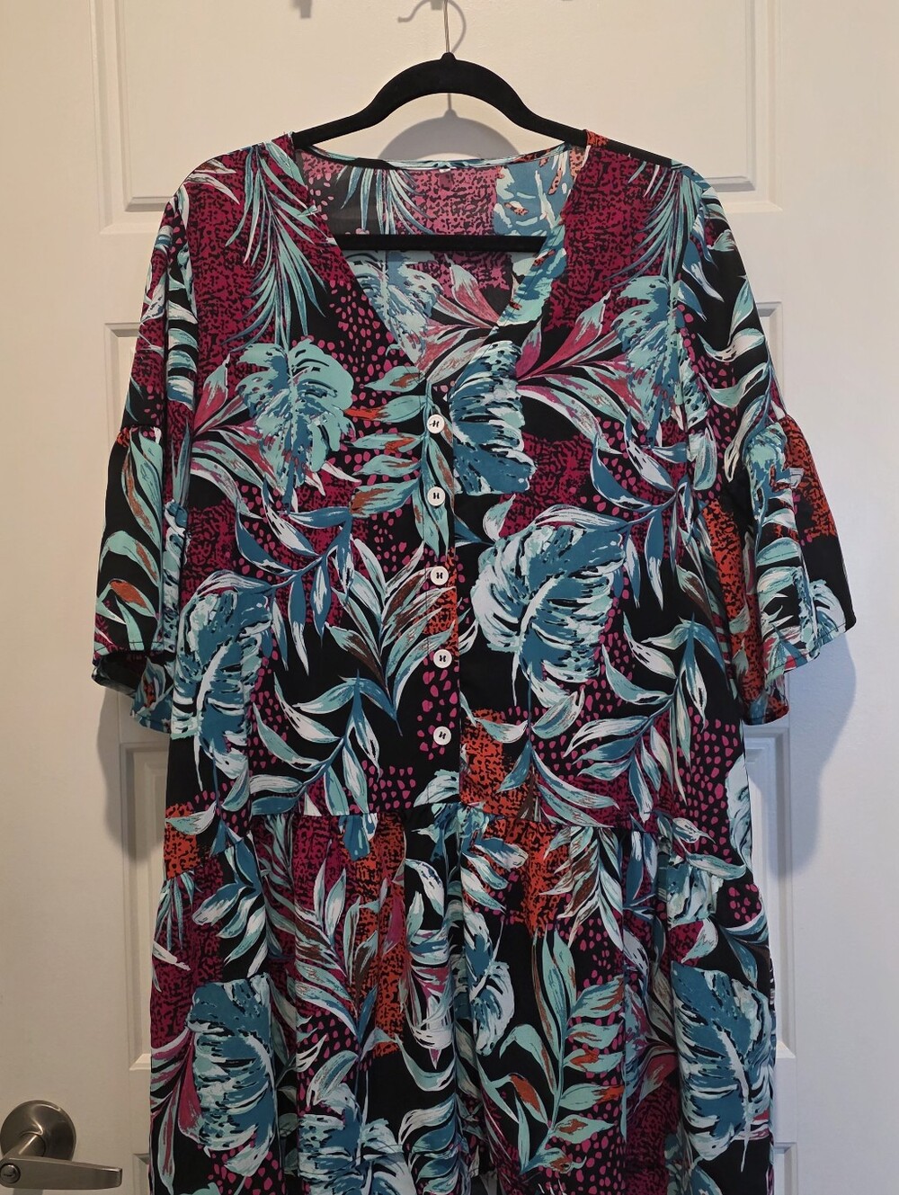 Tropical Print V-Neck Button Front Women's Cover Up Dress - Teal & Magenta